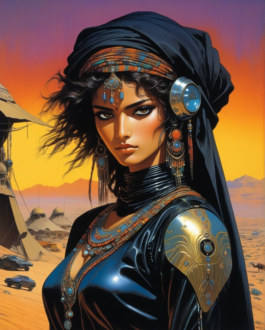 amano yoshitaka,  Art style by Noriyoshi Ohrai, Hajime Sorayama, Hiroshi Nagai, (Masterpiece, Top Quality, Super Deatail, High Resolution, Best Illustration), "An exceptional Saudi Arabian Bedouin female warrior adorned in a sleek, black metallic mechanical suit, seamlessly blending traditional Bedouin elements with cutting-edge cyberpunk aesthetics. The scene is set against a backdrop of a dark, dystopian sci-fi landscape, with neon-lit deserts and futuristic cityscapes. The art style echoes the retro 1980s, capturing the essence of that era's vibrant color palette and bold design. The composition should evoke a sense of mystery and power, with intricate details highlighting the fusion of ancient Bedouin culture and advanced technology."