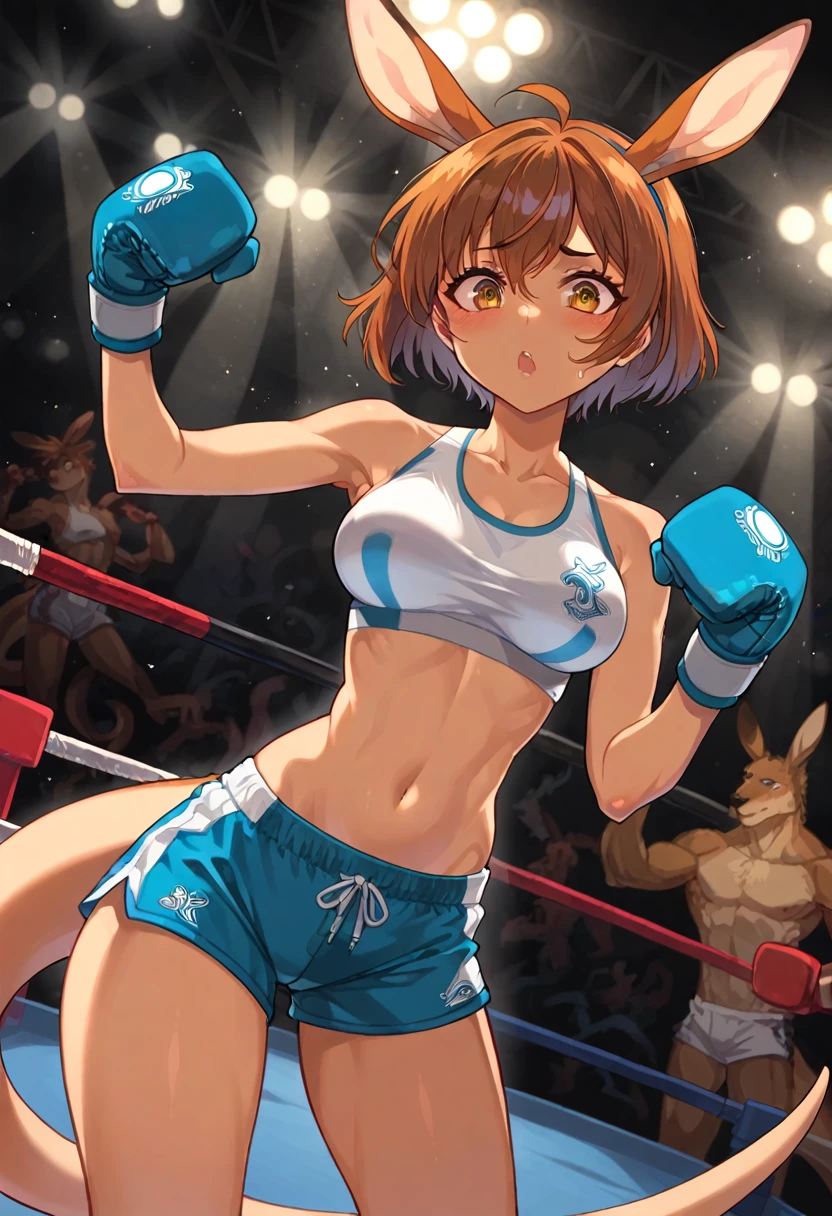 Create an illustration of a young kangaroo-human hybrid girl with a cute appearance. She wears a sporty outfit, including a tank top and shorts, and her clothing features pouches reminiscent of a kangaroo’s. The background is set in a boxing ring or a training gym, emphasizing her athletic nature, and incorporates fractal art elements with a colorful and pop aesthetic.

Her accessories include boxing gloves, showcasing her strength and athleticism. She is depicted in a dynamic pose, either mid-jump or mid-kick, highlighting her agility. Her expression is slightly worried or determined, reflecting her nervous yet lovable personality.

Additional features include soft, short hair that complements her cute and athletic look, slightly elongated ears blending human and kangaroo traits, and a tail visible behind her, perhaps slightly curled or in motion to show her alertness.