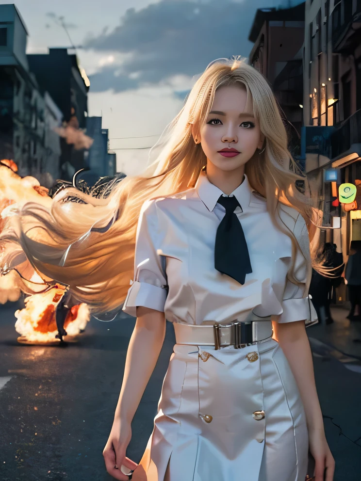 (Photo of a very beautiful platinum-blonde Russian  standing:1.2)(sexiest korean women)(smiling:1.2)(16,000, RAW photos, best quality, masterpiece: 1.2),(she shines, Long wavy hair blowing violently in the wind.:1.1) very detailed, super resolution, (bona fide, bona fide photos: 1.37), portrait, High-resolution RAW color photos, professional photos, very detailed, 8K wallpapers, very detailed CG Unity 8K wallpapers, very detailed beautiful girl, very detailed faces,(Fire burning on the streets of New York:1.2)(Tight-fitting school uniforms:1.2)(whole body)(She&#39;s skinny but has big breasts:1.1)(Cute tight short sleeve style outfit:1.2) style outfit,Light gray eyes,from the side,winter coats for students