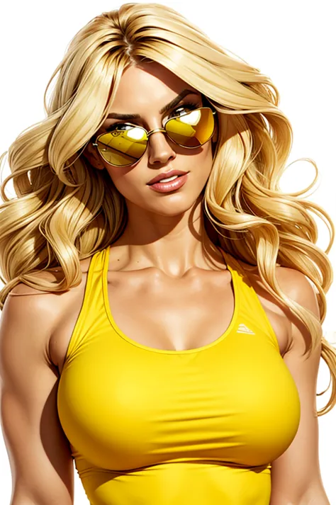 a long curling blonde wearing a sunglass, wearing a yellow tank top, against a white background