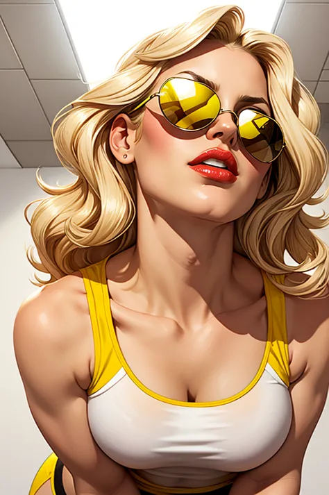 a long curling blonde wearing a sunglass, wearing a yellow tank top, against a white background, glossy red lip, looking up from...