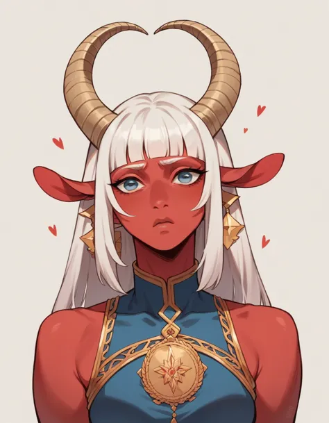 masterpiece, best quality, masterpiece, best quality, 1 woman, baphomet , red skin , long straight white hair , bangs , horn. , ...