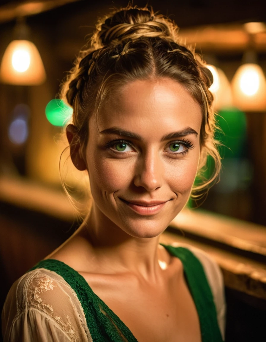 portraite, fot, beautiful and sensual peasant, bar girl, medium shot, with beautiful detailed green eyes, trunk, shy smile, amazing body, seducer, cinematic lighting, (shy), hair in a messy bun, beautiful lighting, high saturation, 