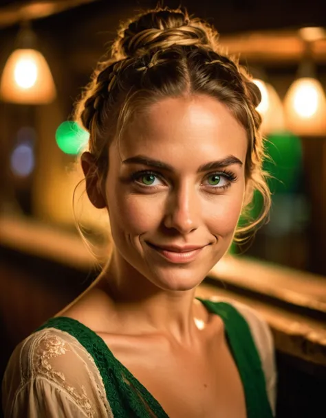 portraite, fot, beautiful and sensual peasant, bar girl, medium shot, with beautiful detailed green eyes, trunk, shy smile, amaz...