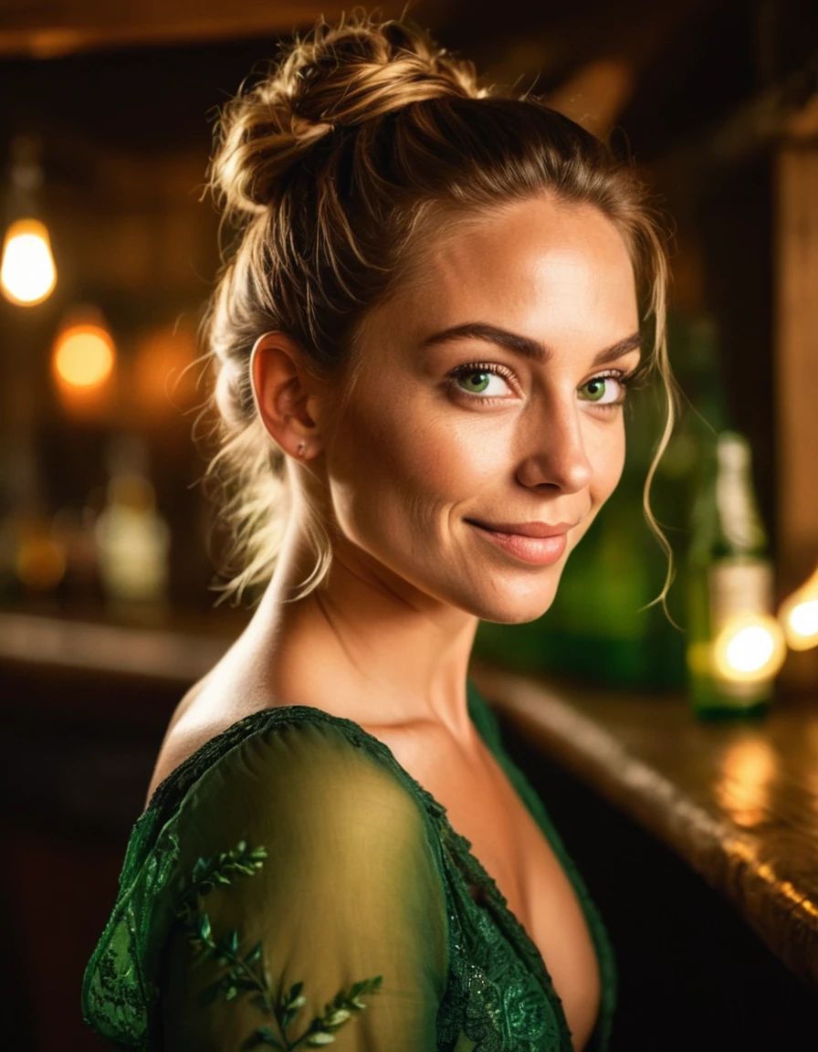 portraite, fot, beautiful and sensual peasant, bar girl, medium shot, with beautiful detailed green eyes, trunk, shy smile, amazing body, seducer, cinematic lighting, (shy), hair in a messy bun, beautiful lighting, high saturation, 