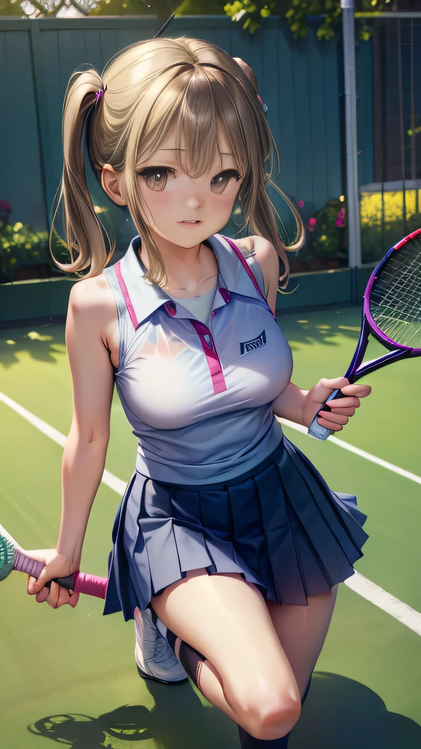 (Very detailed CG Unity 8K 壁紙),(masterpiece), (Highest quality), (Very detailed), (Best illustrations),(Best Shadow)、(Perfect and beautiful eyes)、(Detailed underwear)、1girl @_@ ball blush bouncing_breasts breasts brown_hair hair_between_eyes hawawa-chan_(Shiro_Same to you_shake) highres holding holding_racket large_breasts medium_hair original panties purple_eyes racket Shiro_Same to you_shake shirt sleeveless solo sportswear tennis tennis_ball tennis_net tennis_racket tennis_skirt tennis_uniform two-tone_skirt underwear white_shirt