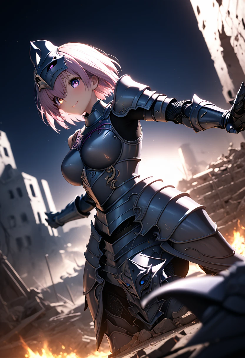 (masterpiece, top quality, best quality, beautiful and aesthetic:1.2), full body, SFW, extremely detailed, detailed eyes, detailed hands, cinematic light, depth of field, 1girl, seducing smile, solo, official, (full armored knight:1.4), dark armor, knight helmet, mash kyrielight, slim body, cinematic lighting, dramatic lighting, dramatic atmosphere, hyper-realistic, high resolution, stunning contrast, high quality, best quality, 8k, 4k, intricately detailed, (amazing details:1.2), highly detailed skin, powerful presence, vibrant colors, (detailed eyes:1.2), striking eyes, (detailed background), (warzone on background, night, ruins), (dynamic angle:1.2), (dynamic pose:1.2)