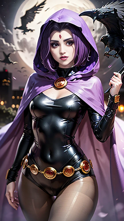 ilustração de Raven da DC Comics,(Laura Marano), Raven, gola alta, black leotard, black cape, capuz, Cabelo roxo, testa jeEmel, olhos roxos, cabelo curto, belt, pele esticada, de pé, decote, tonificado, pose, noite , luar, ((posando)), linhas de movimento, tronco, tronco, Retrato, b&Em. contour, no estilo de arte de cartas de tarô de anime, elegante, Glamouroso, reflexão, brilhar, sombreamento, meia-calça 40 dinier, pequeno