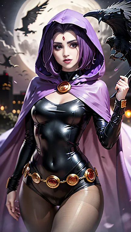 illustration of raven from dc comics,(laura marano), raven, turtleneck, black leotard, black cape, hood, purple hair, forehead j...