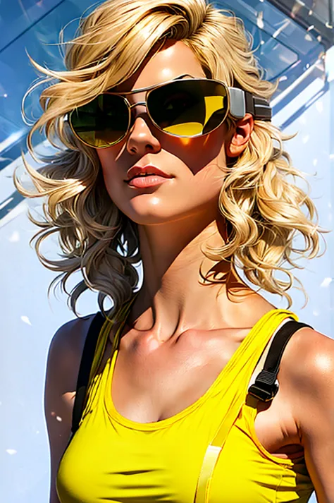a long curling blonde wearing a sunglass, wearing a yellow tank top, against a white background