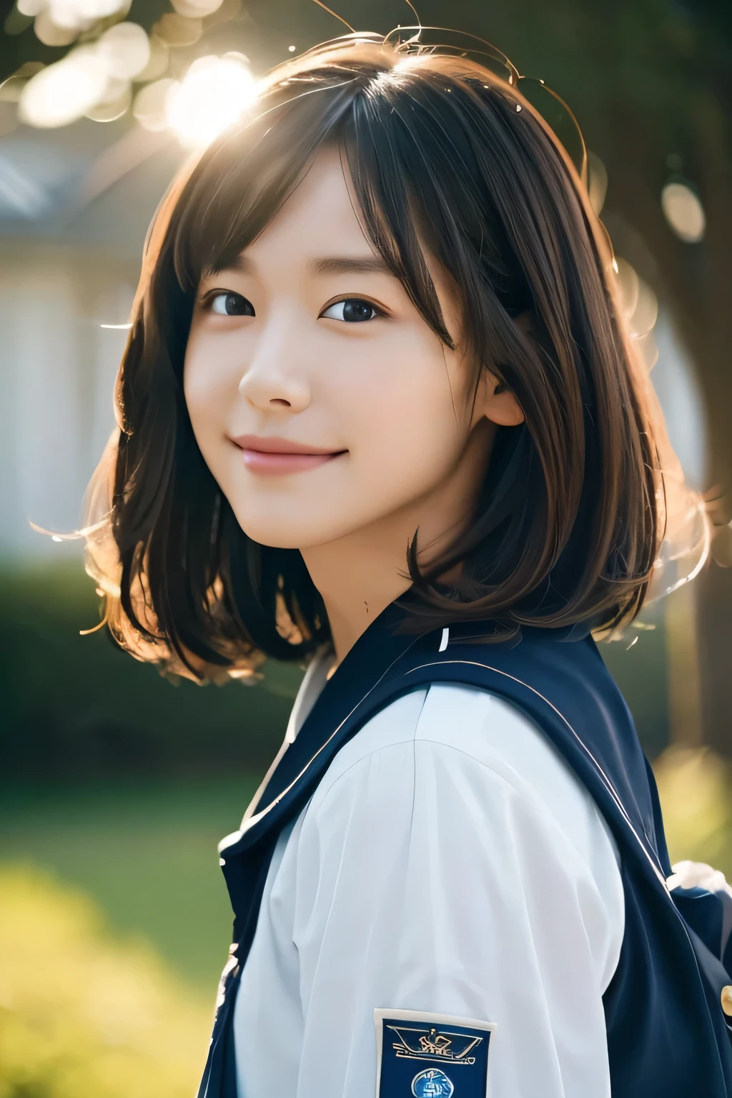 Top quality, 1 beautiful woman, Sunlight, ((masterpiece, Highest quality, High resolution)), (look back:1.3), 1 girl, smile, (Realistic: 1.4), Great face, 15 years old, Short Hair, (Beautiful Hair:1.5), Sailor suit, The background is a school building, Side angle, (Close-up of face:1.3), Smooth, Highly detailed CG composite 8K wallpaper, High resolution RAW color photos, Professional photography, Light, BackLight, dream-like, impressive, Written boundary depth