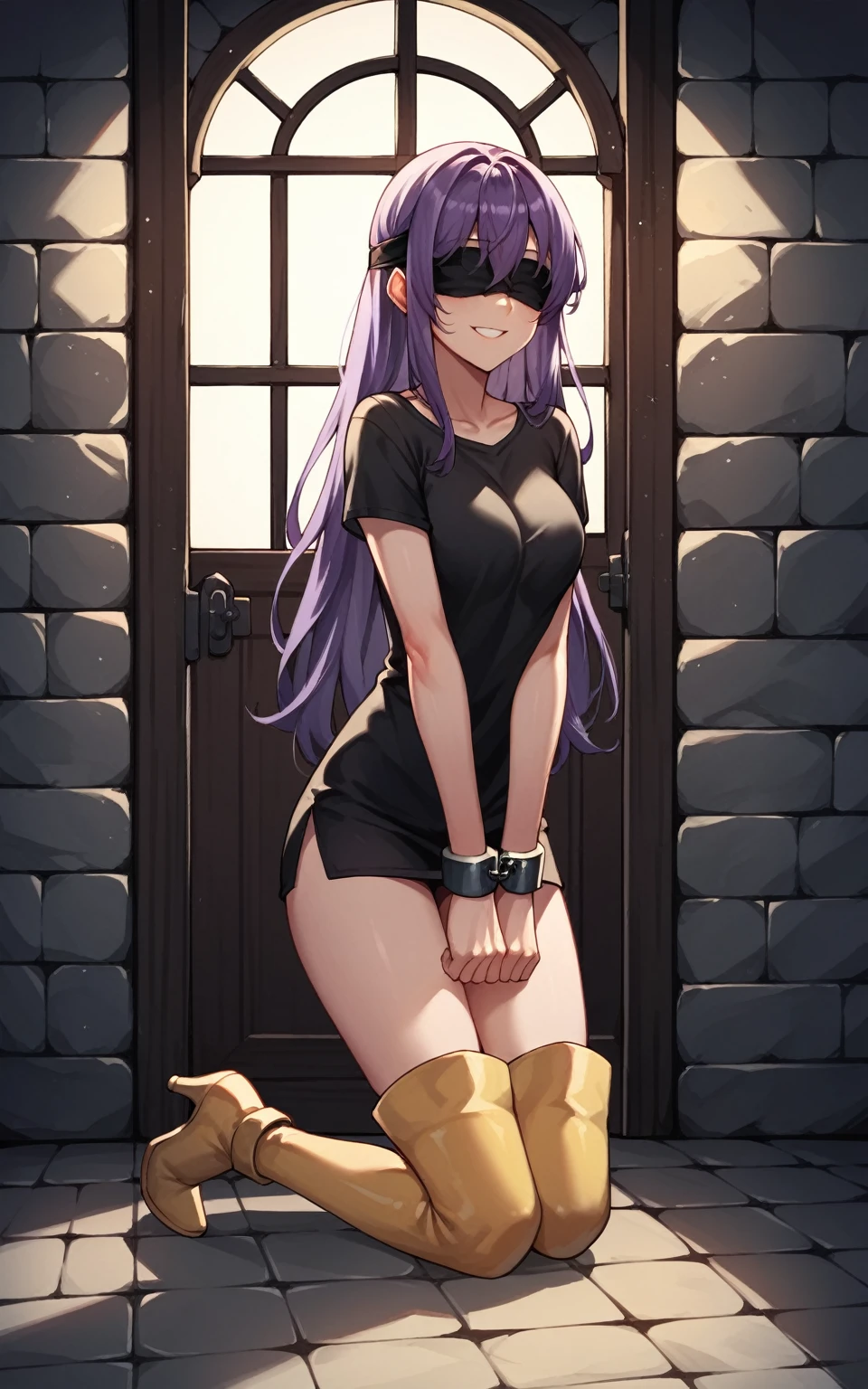 score_9, score_8_up, score_7_up, score_6_up, score_5_up, score_4_up, source_anime, 1 woman, Kneel down, purple hair, long hair, blindfold, smile, w-w-chain, shackles, Went down arms, doors, clean hair, black shirt, short, yellow boots, thigh high boots, heels, dungeon, night, best quality, best res, 4K UHD,
 