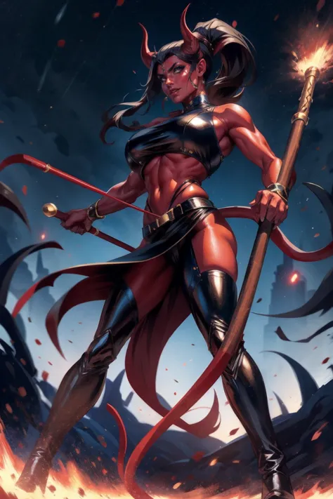 Red skin succubus tiefling, medium breasts, black horns, huge tail, black leather, crop top, long flowing pelvic curtain, tall, ...