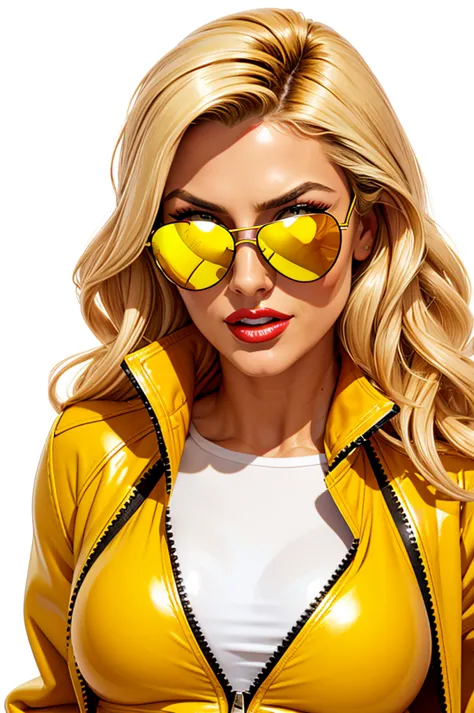 a long curling blonde wearing a sunglass, wearing a yellow leather glossy jacket, unzipped, white background, glossy red lip, 4 ...