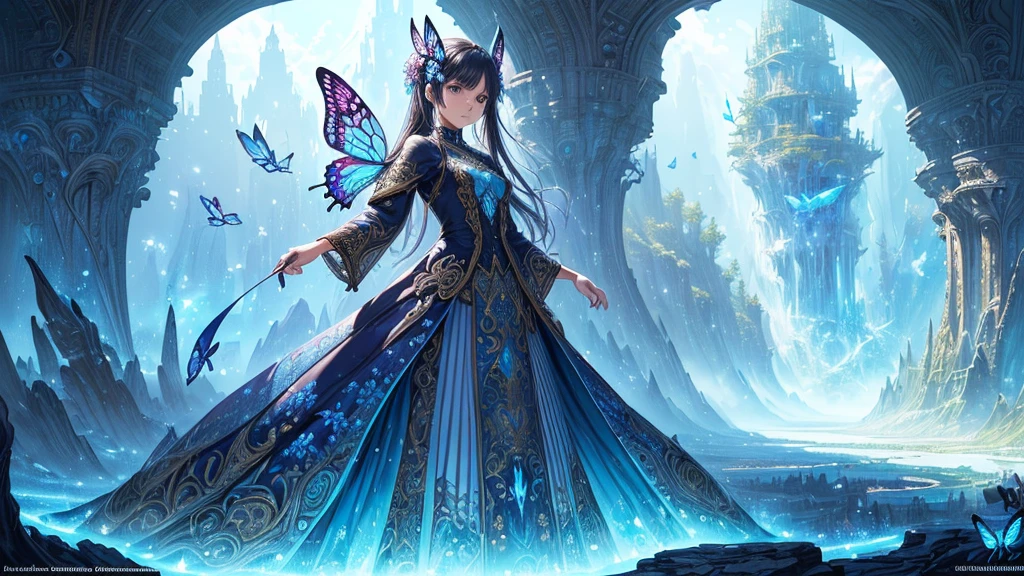 ((highest quallity)),(ultra-high resolution),(very detailled),(Detailed Description),((The best CG)),(a masterpiece),ultra-detailed art,amazing drawing art,(Fantasy art with intricate details:1.5), Utopia of eternal spring,Colorful butterflies、The blue sky stretches infinitely、clear flow、Little Flower々、a person in the middle
