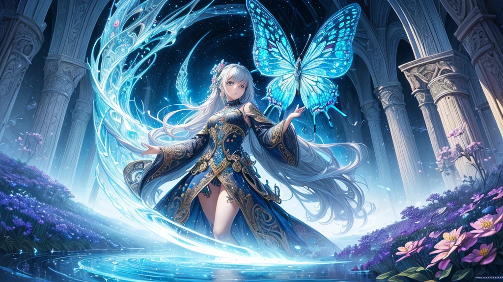 ((highest quallity)),(ultra-high resolution),(very detailled),(Detailed Description),((The best CG)),(a masterpiece),ultra-detailed art,amazing drawing art,(Fantasy art with intricate details:1.5), Utopia of eternal spring,Colorful butterflies、The blue sky stretches infinitely、clear flow、Little Flower々、a person in the middle
