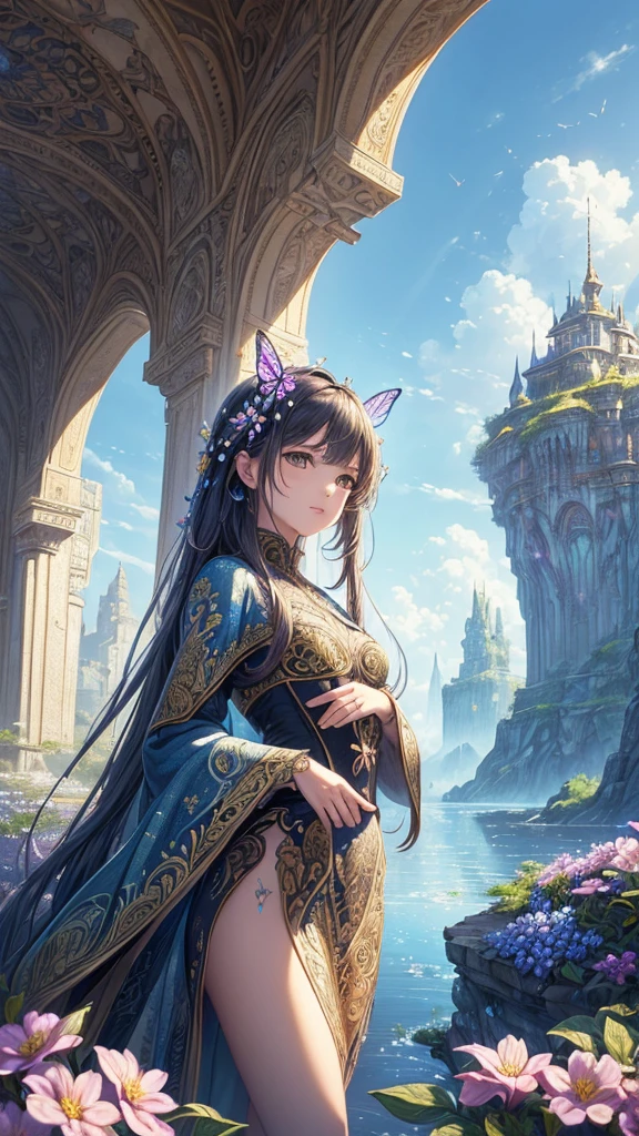 ((highest quallity)),(ultra-high resolution),(very detailled),(Detailed Description),((The best CG)),(a masterpiece),ultra-detailed art,amazing drawing art,(Fantasy art with intricate details:1.5), Utopia of eternal spring,Colorful butterflies、The blue sky stretches infinitely、clear flow、Little Flower々、
