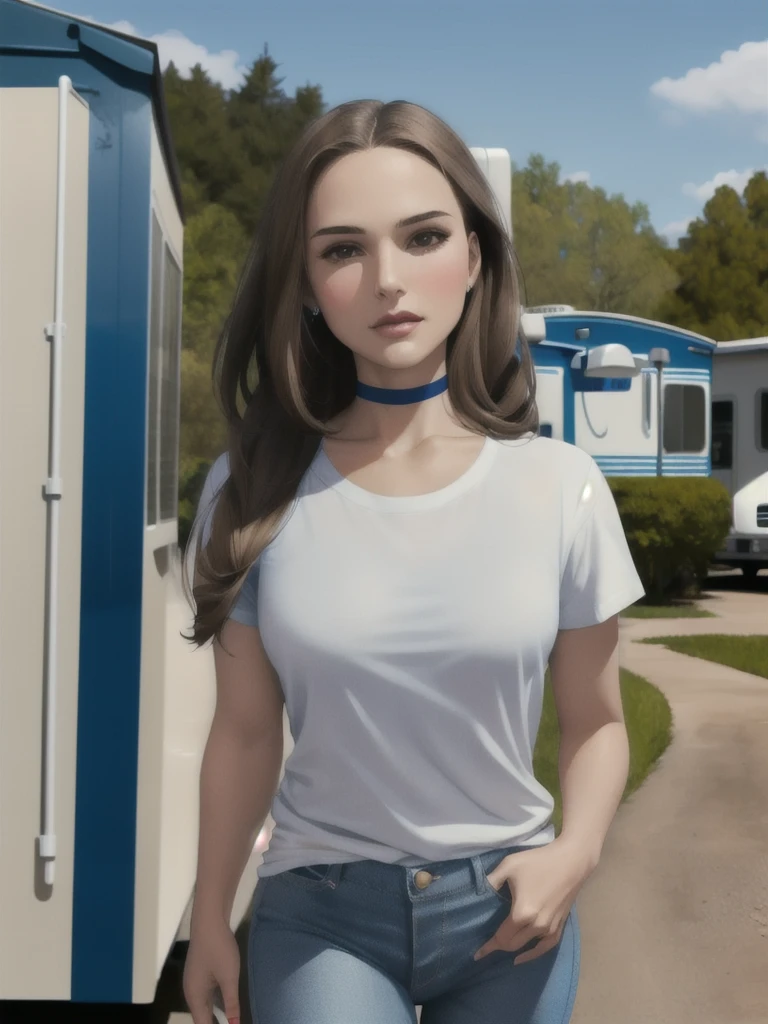 Natalie Portman, Qualidade de obra-prima, (Qualidade de obra-prima:1.3), realista, (realista:1.3), detalhado, Sozinho, 1 garota, (1 garota;1.9), sozinho, (sozinho:1.9), em um parque de trailers, casas móveis em segundo plano, cabelo longo, (cabelo longo:1.5), usando gola gargantilha, wearing camiseta branca, (camiseta branca:1.5), wearing jeans azul, (jeans azul:1.5), 