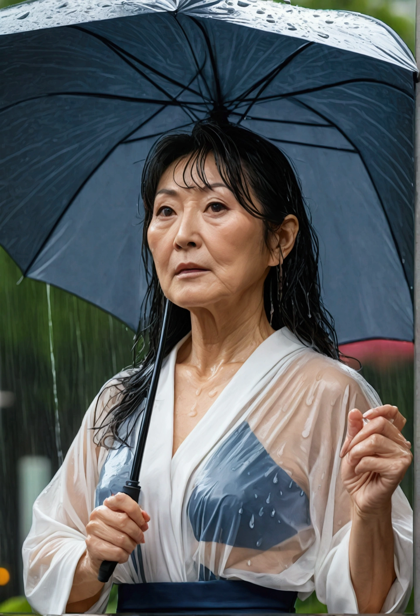 ((de la máxima calidad)), ((8K)), ((obra maestra: 1.3)), (apariencia perfecta), (Photorealism: 1.6), 
(Una madura japonesa de 60 años paseando por la ciudad bajo la lluvia), BREAK(japonés maduro walking without an umbrella: 1.4), BREAK (Una acera concurrida en un distrito de oficinas: 1.2), (antecedentes detallados), (Empapado), (retrato de cuerpo completo: 1.4), 
(60 años de edad, japonés maduro), ((textura de piel realista)), (Líneas finas en toda la piel.), (Piel opaca), (Arrugas faciales), (arrugas alrededor de los ojos), Doble párpado, Bolsas de lágrimas debajo de los párpados., 
expresión melancólica, Gotas de lluvia corriendo por mi cara, 
flequillo corto, pelo largo y liso, Cabello empapado de lluvia, (Gotas de lluvia goteando por mi cabello: 1.4), 
BREAK(Una delgada, blusa blanca entallada: 1.4),ROMPER ROMPER(Falda ajustada Nobunaga azul marino: 1.4), BREAK (Blusas que se mojan y se adhieren a la piel.),  (Se ve la blusa mojada: 1.6), (La falda acampanada mojada es transparente.), tacones altos,