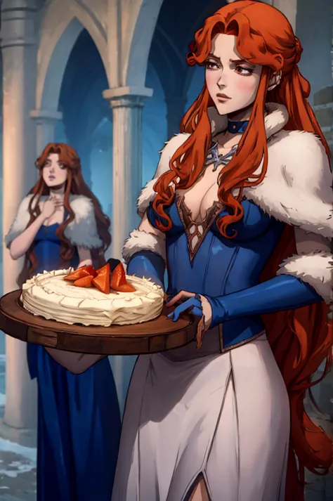 Lenore from Castlevania, Sexy vampire girl with orange hair  holds a cake with "one hundred" written on it, nude , blue choker, ...
