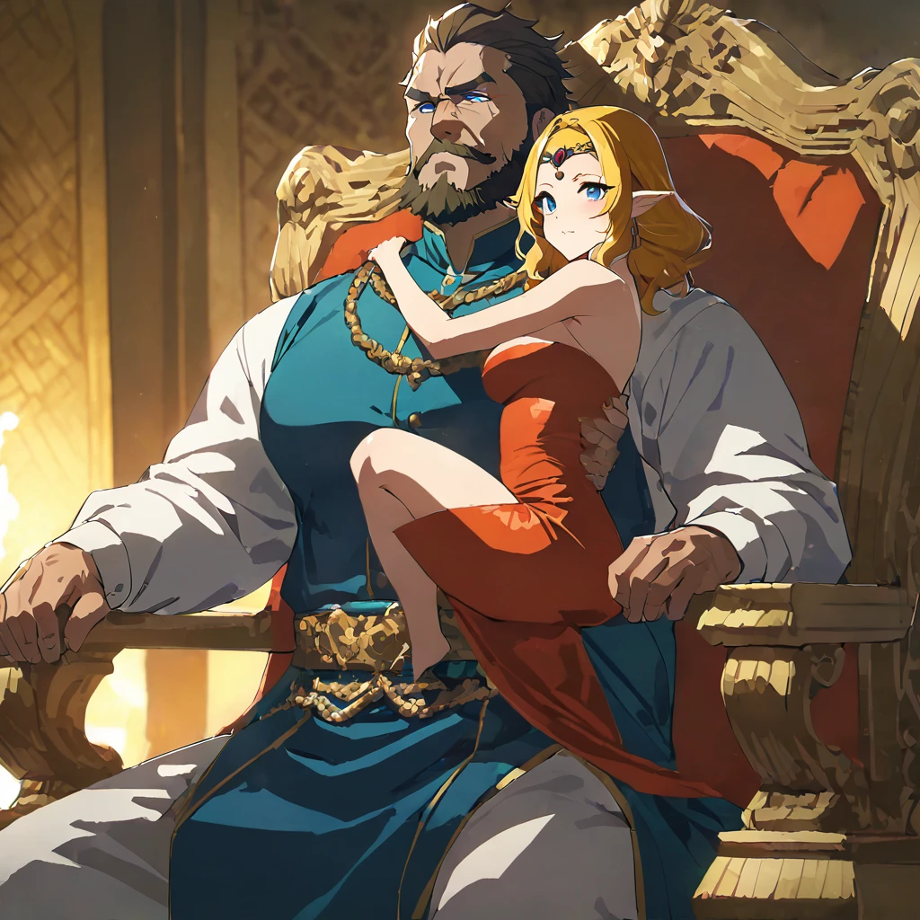 ((Highest quality)), ((masterpiece)), (detailed), （Perfect Face）、The woman is Queen Zelda of the Gerudo tribe, with blonde hair and blue eyes, and is wearing the luxurious dress of the Gerudo queen.、The man is a dignified, middle-aged man with a beard, strong red hair and dark skin, King Ganondorf, the king of the Gerudo tribe, and is wearing the luxurious attire of the Gerudo king.、A man and a woman are embracing each other on the luxurious throne of the Gerudo royal family.、A queen and a king in love