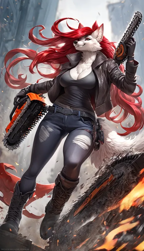 anime fantasy anthro style, a beautiful adventurer, (wolf with white fur), ((long red hair with black highlights)), open jacket ...