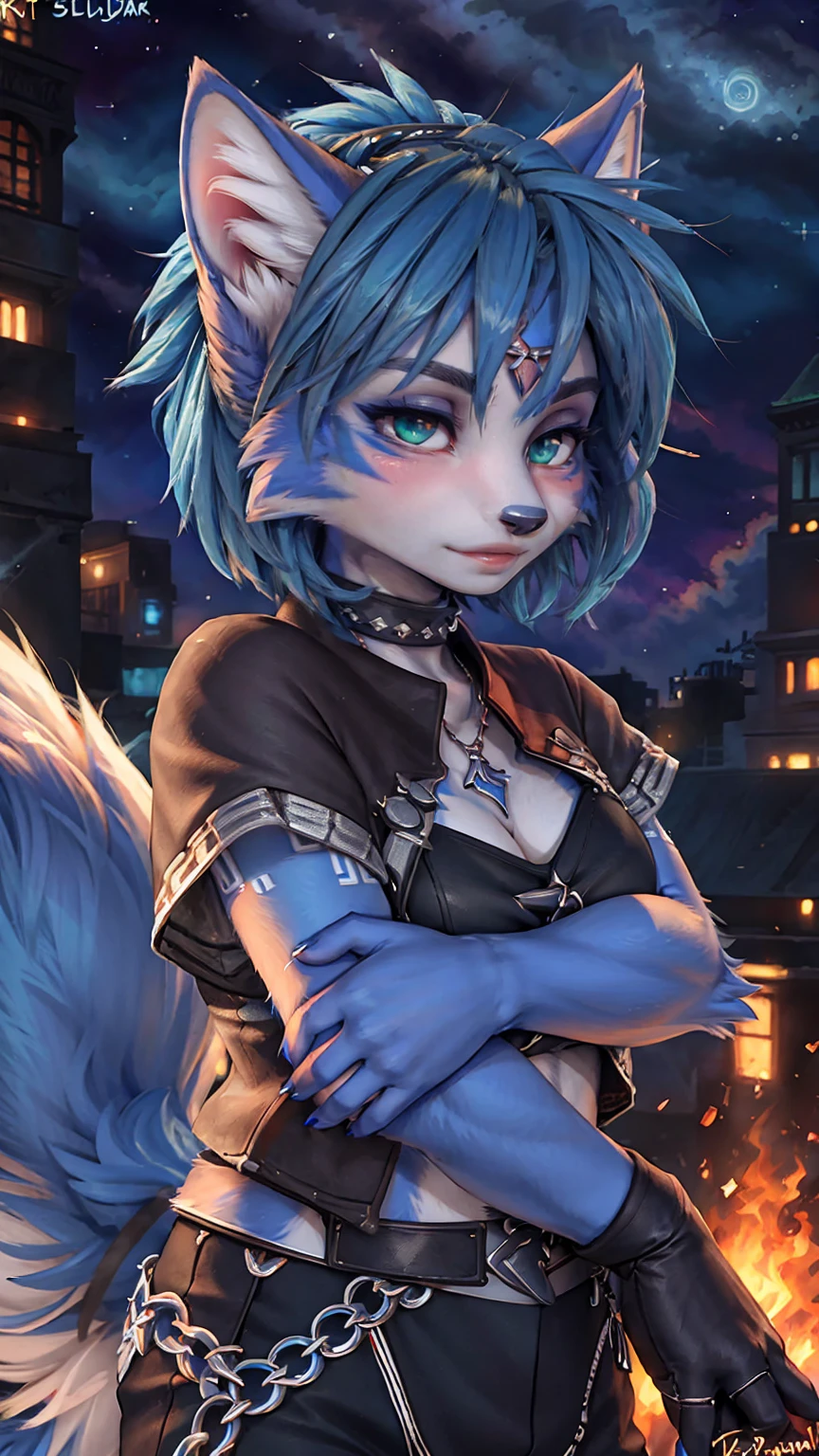 A beautiful and detailed (sweet picture) of ((Krystal)), Star Fox Krystal,  green eyes, medium breasts, (((Long blue hair 1.3))),  anthro, furry, (of Fluff-Kevlar, Bayard Wu, Personalami, Pino Daeni),  detailed fluffy fur, detailed face, (fluffy), 1 girl, alone, Haare bedecken ein Auge:1.4, großes glückliches Lächeln, giving you a thumbs hoch, 