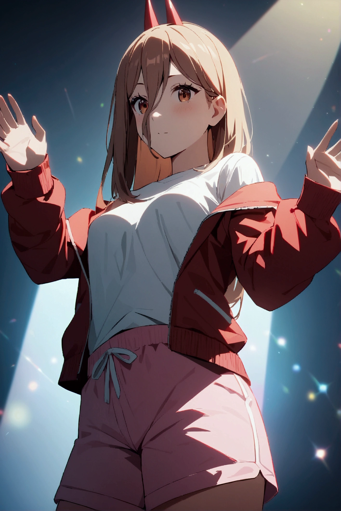 a girl, , wearing a red jacket open  and a very short white shirt, showing a little,  wearing pink shorts, looking at us with a sparkling look . detailed image, high 4k resolutions 