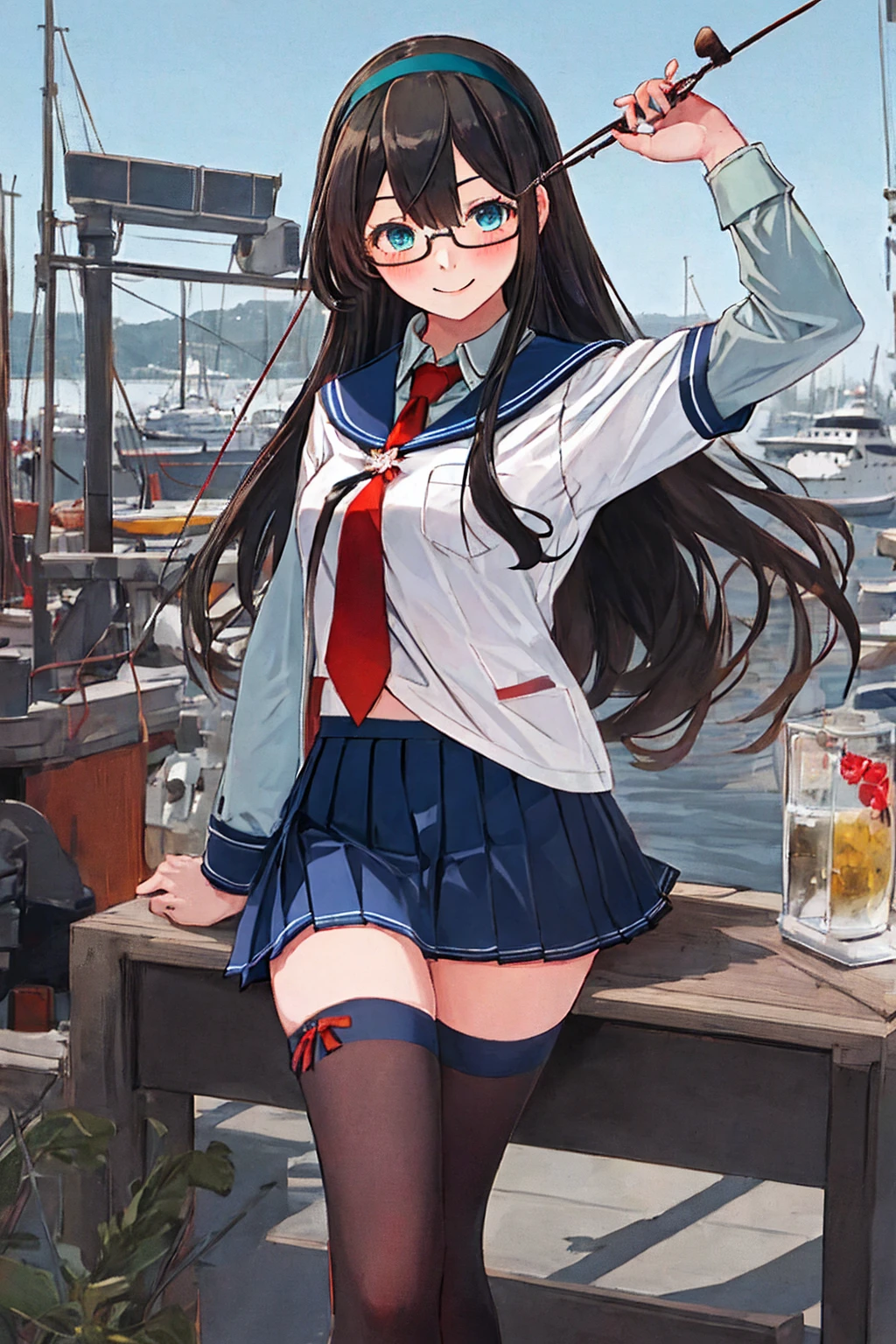 best quality, masterpiece, highres, solo, {ooyodo_kantaicollection:1.15}, black_hair, long_hair, glasses, hairband, semi-rimless_eyewear, under-rim_eyewear, blue_eyes, green_eyes, blush,small_breasts, 1girl, school_uniform, serafuku, pleats_skirt, looking_at_viewer, necktie, harbor_town_background, red_necktie,(angry:0.7),smile,thigh-highs,sitting,open_mouth,,selfie,rough,