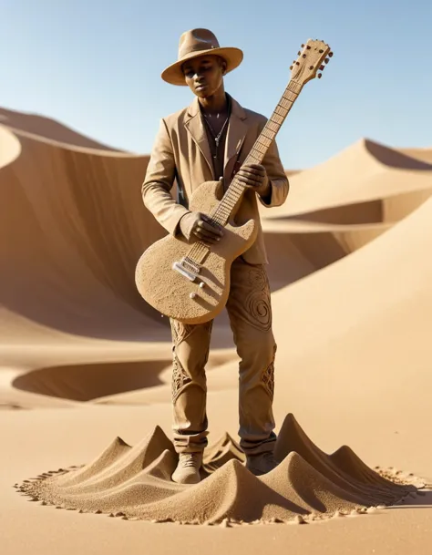  Singer holding a guitar made of sand standing in a desert   