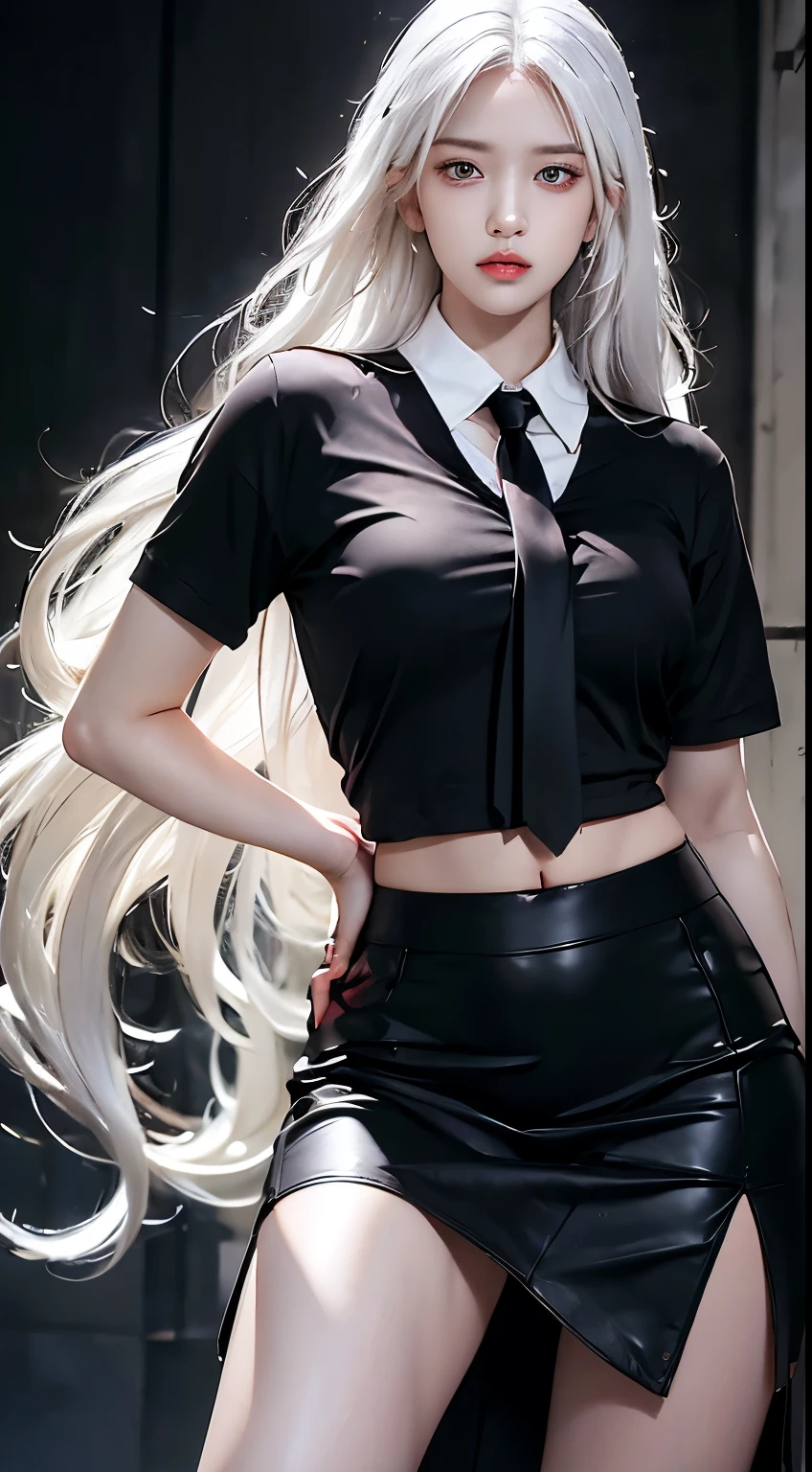 Photorealistic, high resolution, 1 woman, Hips up, Beautiful eyes, White hair, Long hair, ringed eyes, Collared shirt, black necktie,Black skirt, pencil skirts