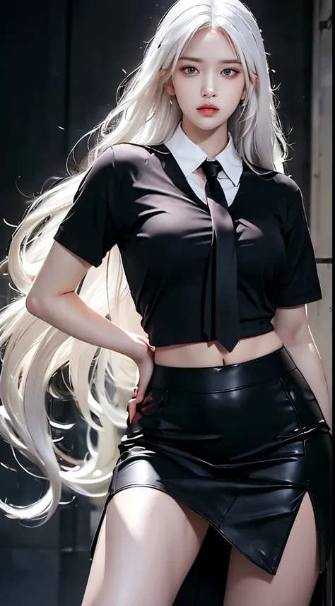 photorealistic, high resolution, 1 woman, hips up, beautiful eyes, white hair, long hair, ringed eyes, collared shirt, black nec...