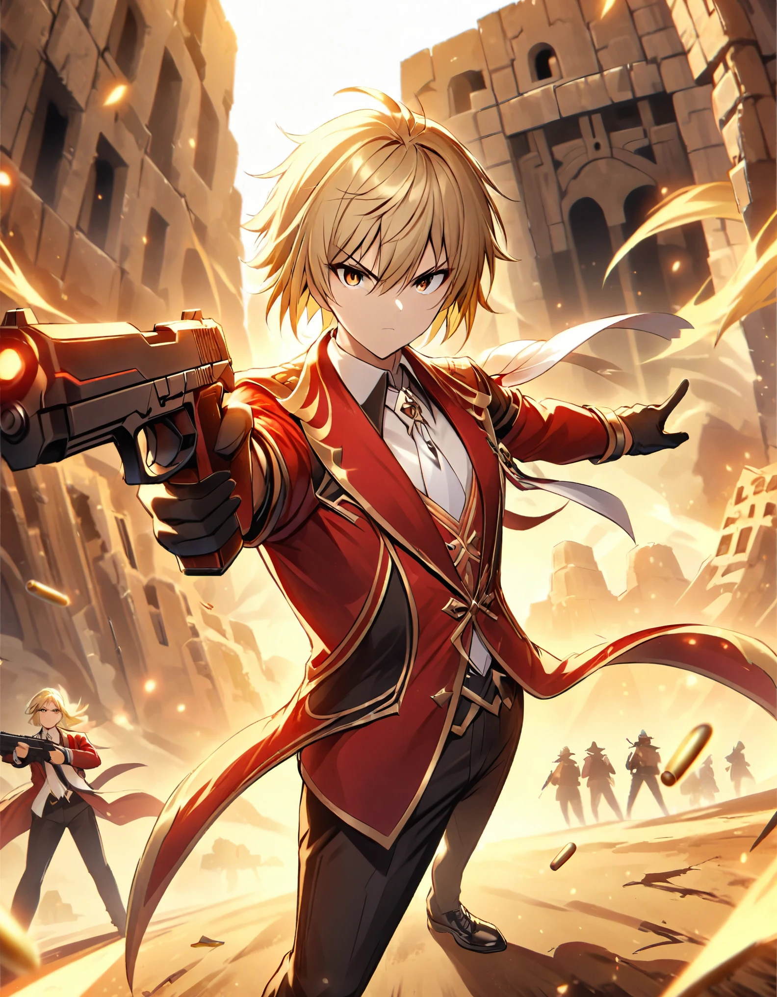 (better lighting, High contrast, sharp details), (a person:1.2+male) solo, solo focus, gangster, red suit and tie, white necktie, white shirt, black pants, polished black shoes, standing, dynamic action pose, holding two guns, Beretta 92, flash, Bullet shells, gun smoke, bullet holes, pointing at the viewer, blonde hair, by the chestnut, medium hair, groomed hair, brown eyes, 28 years, intense action, mexico, fort backdrop, outdoors, vivid colors, high saturation, dramatic shadows.