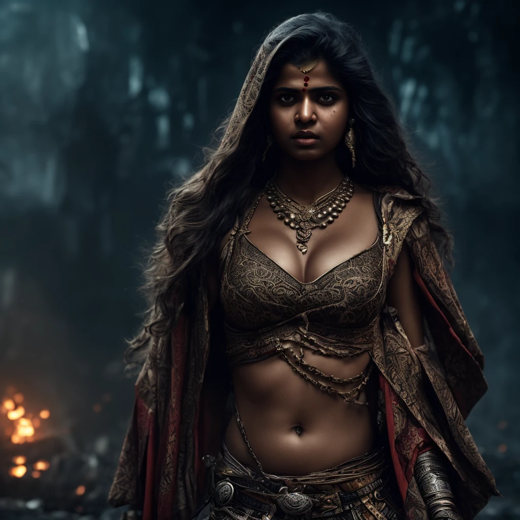 A chubby Indian girl in a sexy warrior outfit, killing slaves - SeaArt AI