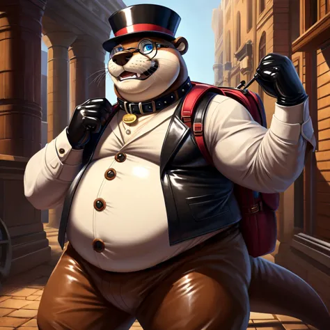 Solo, Male, fat, extremely obese, gentleman, dapper Professor Otter with a neck bulge, blue eyes, (soft shading), 4k, hi res, ((...