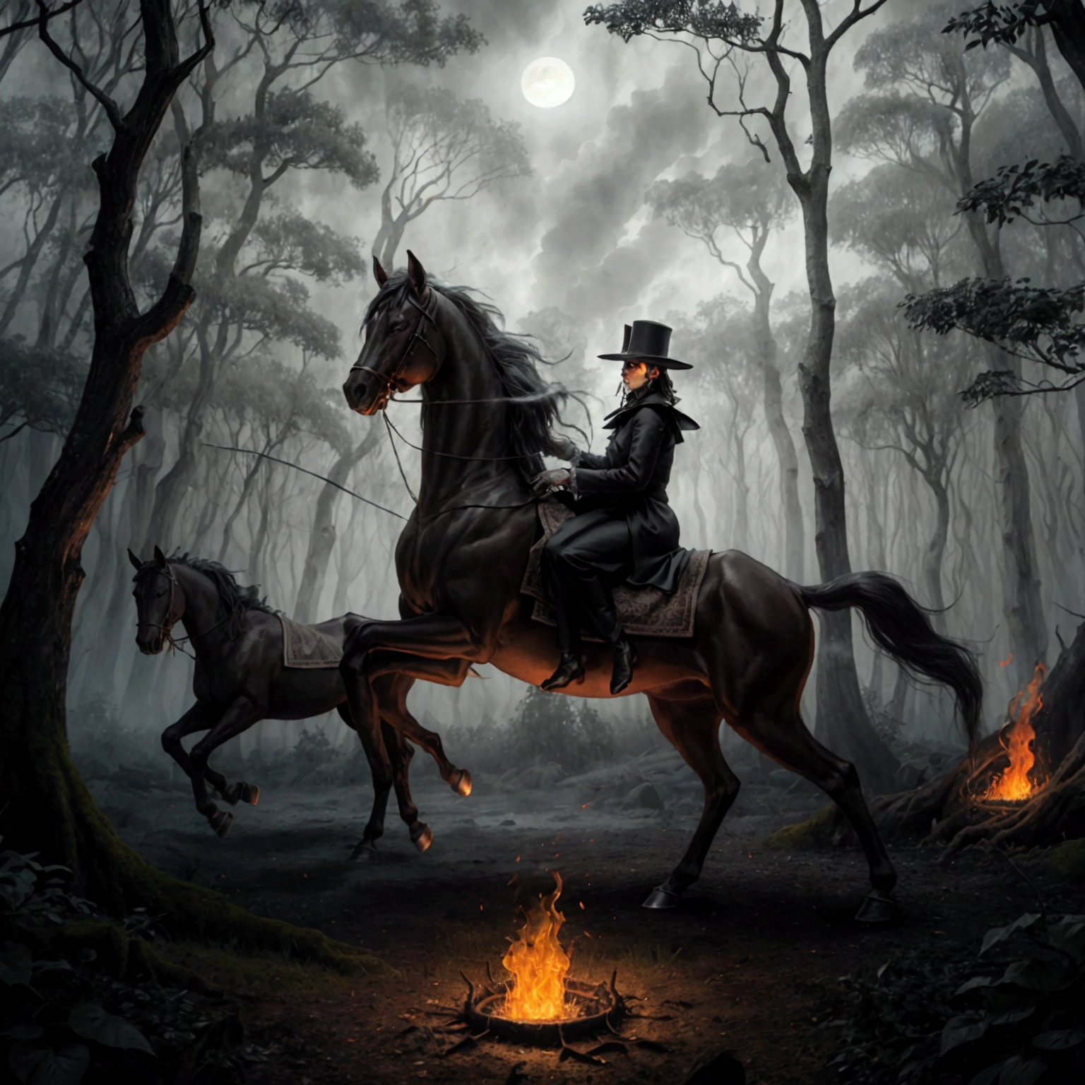 Terror, experimental, burning horse, Dark setting, macabre forest; Media: Dark avant-garde digital painting, HDR, ultra-detailed scene: Numa macabre forest envolta em escuridão, where moonlight barely pierces through the thick treetops, Uma cena de Terror se desenrola. The scenery is ominous and haunting, with an atmosphere of suspense and dread. Characters: in the center of the forest, There's an intimate scandal going on. Individuals, dressed in elaborate Victorian costumes, Embrace passionately. Their faces are lit up by the flickering flames of horses that are on fire., which creates a sinister and supernatural environment. Individuals' eyes reflect a mixture of fear, desire, and guilt, increasing the intensity of the scene. The whole scenery exudes an aura of enigmatic darkness. detaileds: The forest is dense and full of gnarled trees with twisted branches, Creating a maze effect. The ground is covered with dry, dead leaves and moss, rising to an eerie atmosphere. The horses, engulfed in flames, Gallop through the forest, casting long, burning shadows in your path, leaving a trail of destruction in its wake. Smoke rises from burning horses, forming sinister shapes that blend in with the dark environment. A macabre forest também é habitada por criaturas assombrosas, like twisted shadows, Invisible eyes peering out of the darkness, and whispers floating through the air. artistic style: The work should evoke a sense of horror and suspense, with elements of darkness and the macabre. It must be reminiscent of Gothic and Surrealist art, with a touch of Victorian aesthetics. The colors used should be deep and rich, with a predominance of dark tones, highlighting the strange atmosphere. The ilumination: The ilumination na cena é baixa e mal-humorada, with patches of moonlight filtering through dense foliage, casting long shadows that increase the sense of mystery and danger. The flames of the horses&#39; bodies