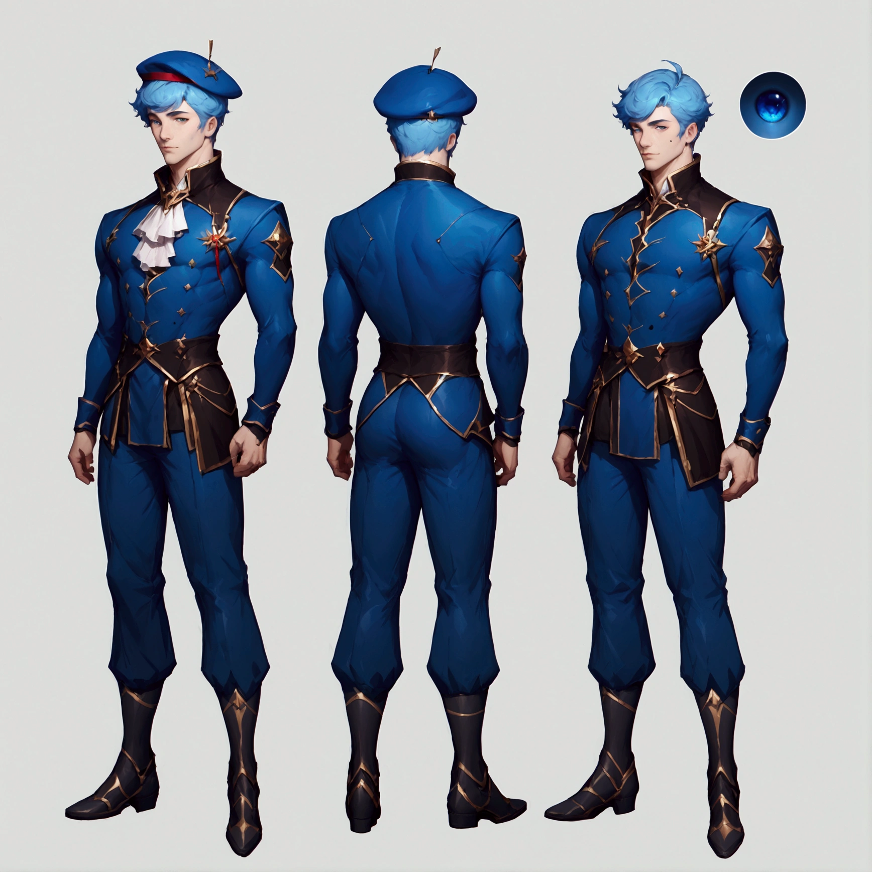 score_9, score_8_up, score_7_up, solo, male focus, blue hair, bangs, beret, mole under eye, male, man, full body, concept art, Reference Sheet, masterpiece