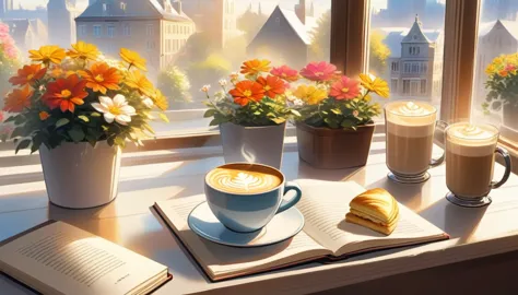 create an image of a cozy morning scene viewed from a windowsill, featuring a ceramic cup with a latte art design on it, some br...