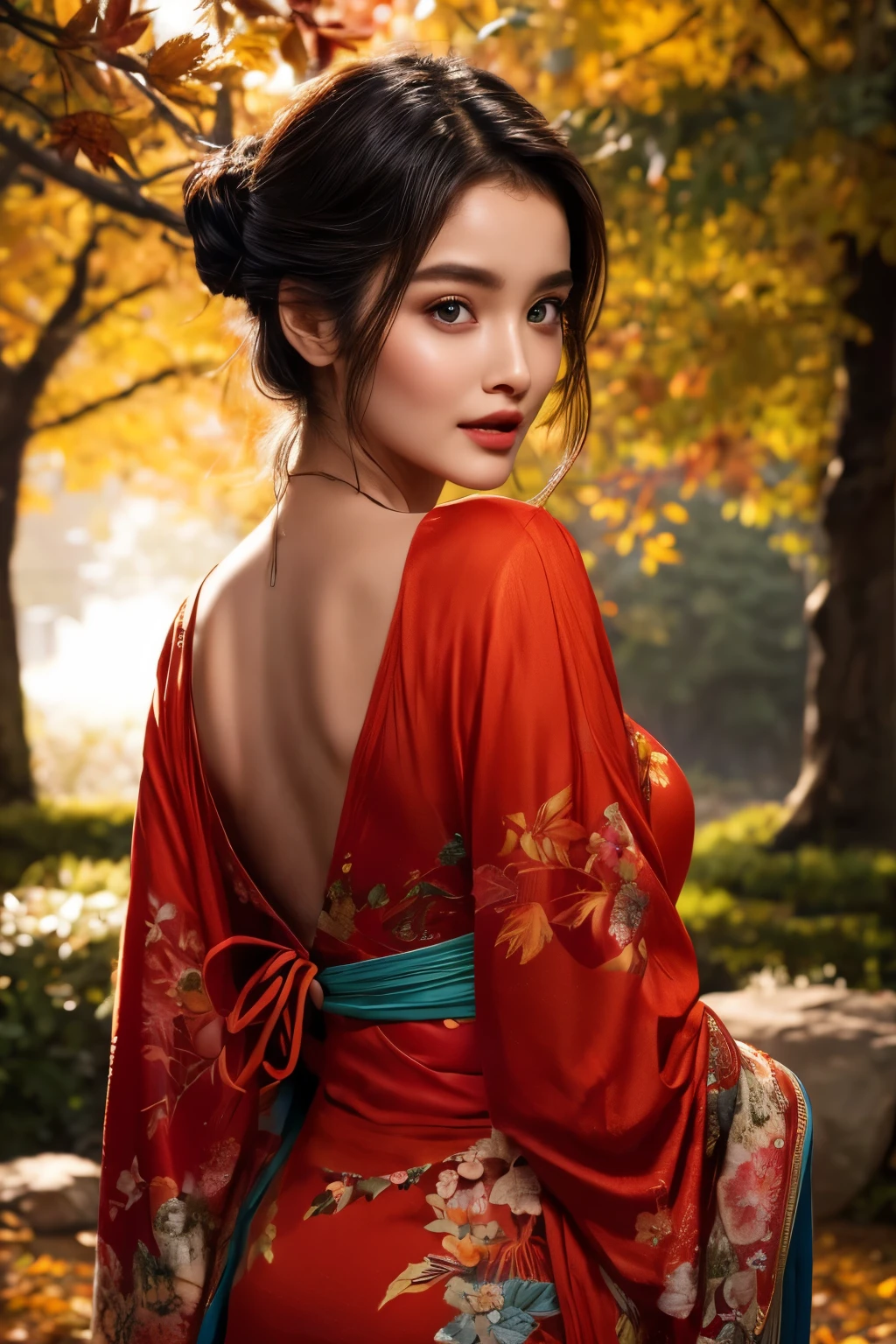 A breathtakingly photorealistic portrait of a 23-year-old slim woman with fair skin, very detailed and sharp facial features and expressions, very detailed and shinning glossy eyes, detailed full glossy lips, detailed white teeth, detailed sharp nose, dressed in a beautiful fashionable dress that elegantly exposes only her shoulders and scapula, standing in an autumnal landscape at twilight. Her enraptured gaze is sharply focused on something beyond the camera's view, captivating the viewer with her beautiful blue eyes that radiate a soft yet powerful eros. The cinematic light casts a warm glow over her, reminiscent of a professional grow light effect, highlighting her flawless, highly detailed skin and facial features. Autumn leaves in a spectrum of fiery hues dance around her, adding a playful and dynamic element to the serene scene. The kimono's fabric flows gently with the evening breeze, revealing a tantalizing glimpse of her voluptuous form. Her limbs are rendered with ultra-detail, showcasing the artist's mastery of anatomy and the way the fabric clings to her body. The background is a stunning 8K resolution, painting a picture of an autumnal landscape in the evening with a perfect dynamic composition that draws the eye back to the focal point of the portrait. The overall effect is that of a cinematic masterpiece, with the leaves fluttering around her creating a mesmerizing backdrop that complements the calm pose she holds. The sharp focus on her back emphasizes the intricate detail of the scene, while the subtle sexy undertones of the image are accentuated by the kimono's design and her alluring presence. The entire scene exudes an atmosphere of tranquility and beauty, leaving the observer spellbound by the too-cute yet seductive charm of the woman and the enchanting autumnal setting.