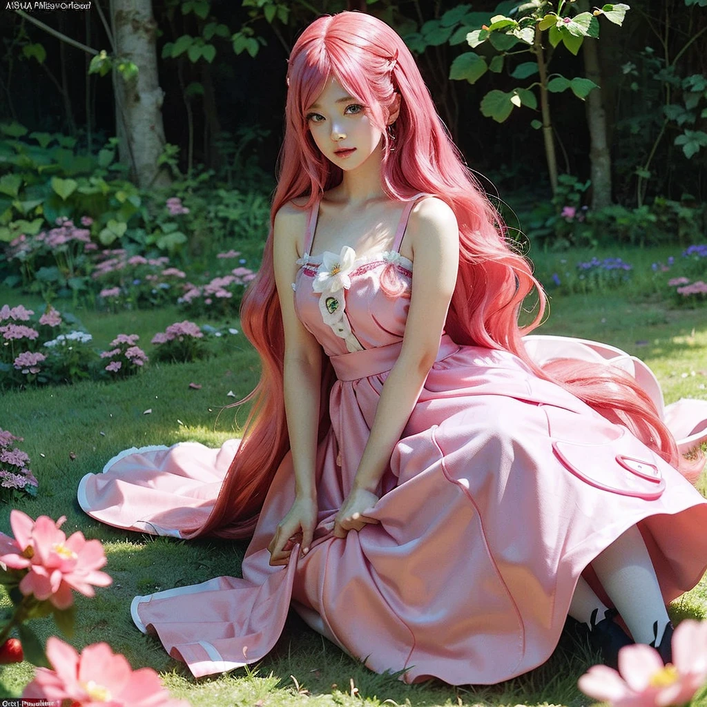 Pink-haired common girl sitting in a field of strawberries, Belle Delphine, Red wig, Anime girl cosplay, Anime barbie doll, Anime girl in real life, featuring.faircore, Beautiful anime style, Curly pink hair, Long flowing pink hair, Pink and red color pattern, Kawaii hair style, anime cosplay, Beautiful pink little strange girl, With curly red hair