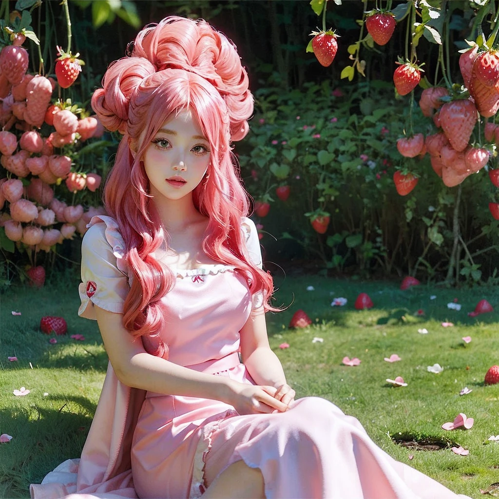 Pink-haired common girl sitting in a field of strawberries, Belle Delphine, Red wig, Anime girl cosplay, Anime barbie doll, Anime girl in real life, featuring.faircore, Beautiful anime style, Curly pink hair, Long flowing pink hair, Pink and red color pattern, Kawaii hair style, anime cosplay, Beautiful pink little strange girl, With curly red hair