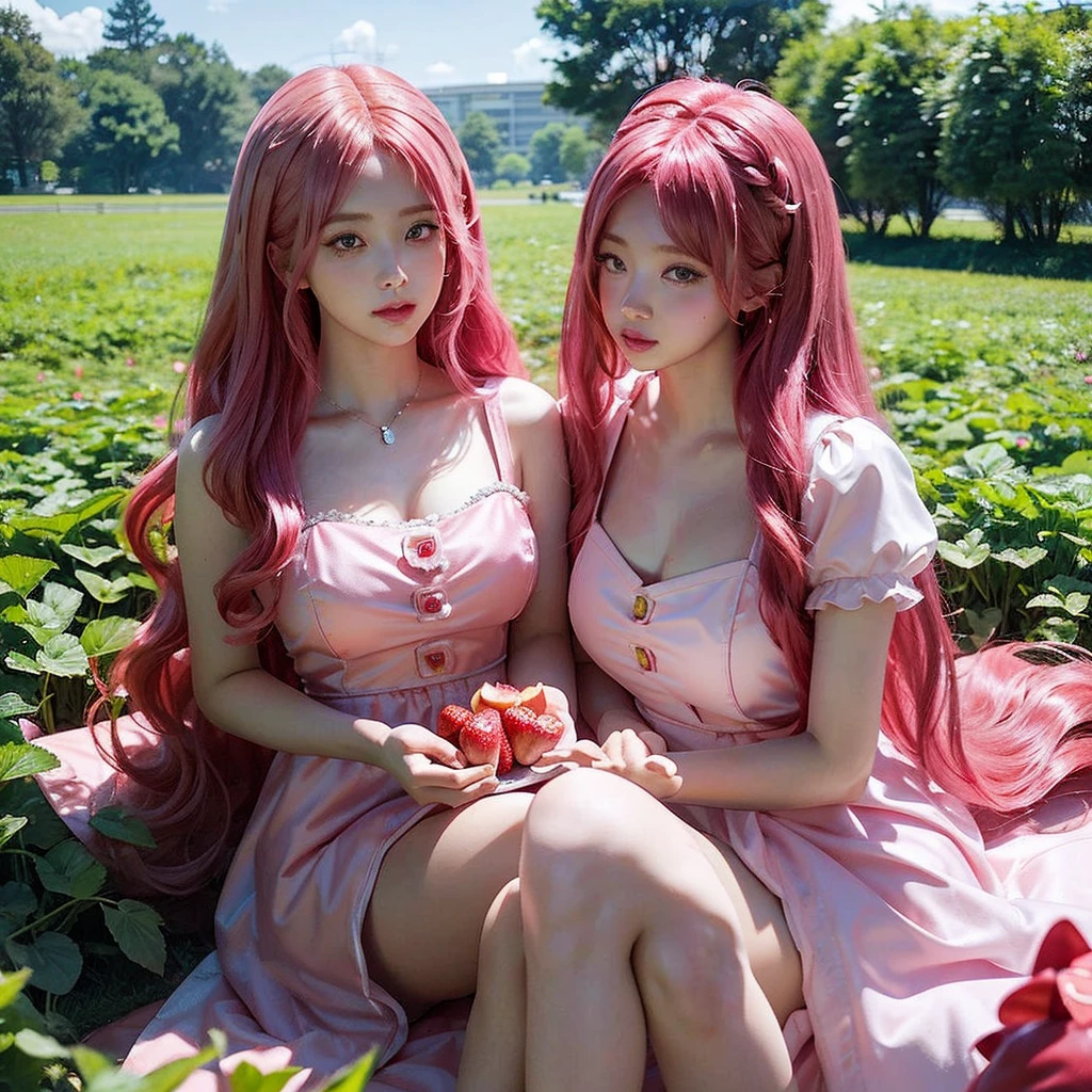 Chica común de pelo rosa sentada en un campo de fresas, bella delfina, peluca roja, cosplay chica anime, muñeca barbie animada, chica anime en la vida real, presentando.justo, hermoso estilo anime, pelo rosa rizado, pelo largo y rosa que fluye, Patrón de color rosa y rojo., peinado kawaii, cosplay anime, Hermosa niña rosada y extraña, con pelo rojo rizado