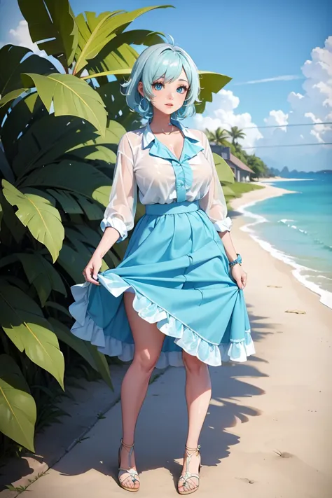 a cute girl beautiful attraction big chest blue hair caribbean short round wearing shell hair her bright blue eye she dresses in...