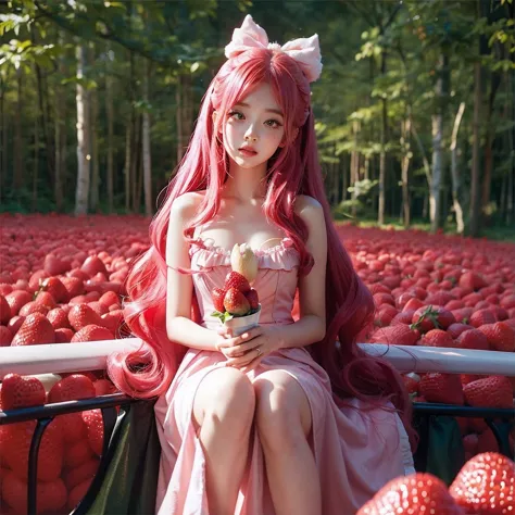 
araffe girl with pink hair sitting in a field of strawberries, belle delphine, red wig, anime girl cosplay, anime barbie doll, ...