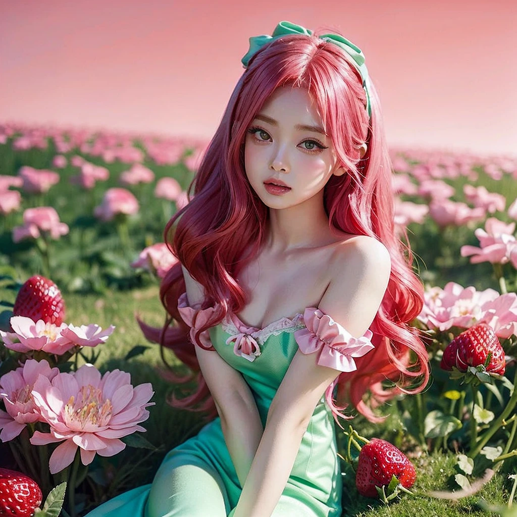 
araffe girl with pink hair sitting in a field of strawberries, belle delphine, red wig, anime girl cosplay, anime barbie doll, anime girl in real life, fairycore, beautiful anime style, curly pink hair, long flowing pink hair, pink and red color style, kawaii hair style, anime cosplay, beautiful pink little alien girl, with curly red hair Green eyes wearing a cute hair bow pink background 