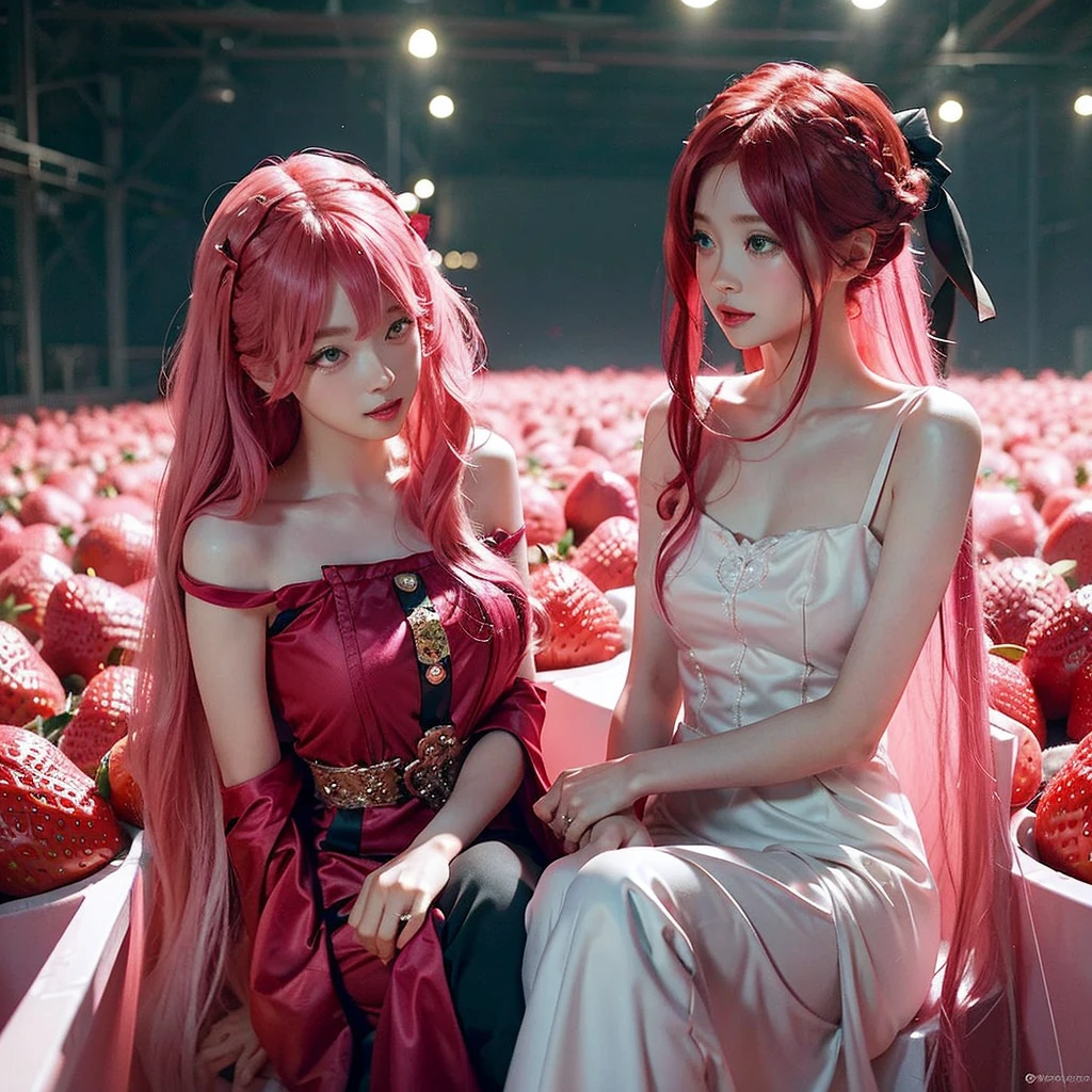 
araffe girl with pink hair sitting in a field of strawberries, belle delphine, red wig, anime girl cosplay, anime barbie doll, anime girl in real life, fairycore, beautiful anime style, curly pink hair, long flowing pink hair, pink and red color style, kawaii hair style, anime cosplay, beautiful pink little alien girl, with curly red hair Green eyes wearing a cute hair bow pink background 