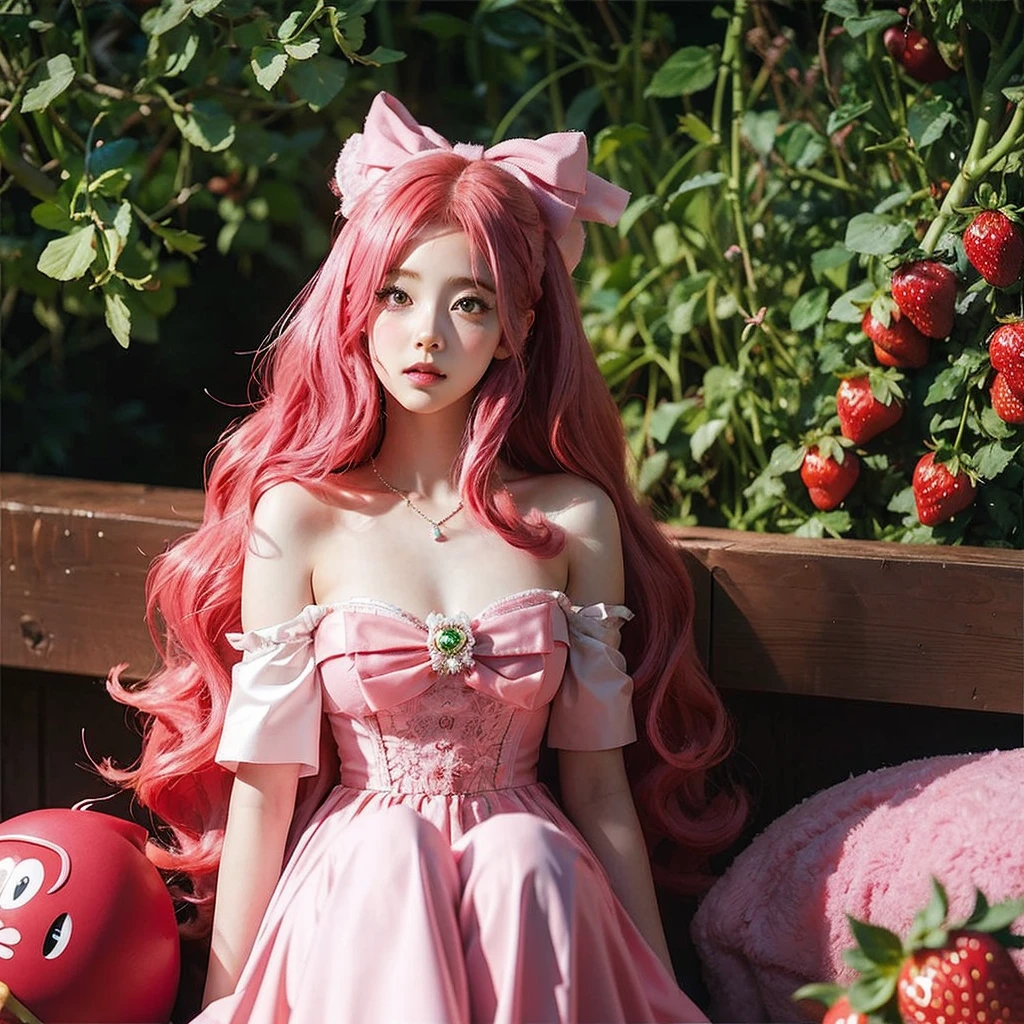 
araffe girl with pink hair sitting in a field of strawberries, belle delphine, red wig, anime girl cosplay, anime barbie doll, anime girl in real life, fairycore, beautiful anime style, curly pink hair, long flowing pink hair, pink and red color style, kawaii hair style, anime cosplay, beautiful pink little alien girl, with curly red hair Green eyes wearing a cute hair bow pink background 