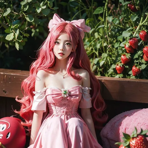 araffe girl with pink hair sitting in a field of strawberries, belle delphine, red wig, anime girl cosplay, anime barbie doll, a...