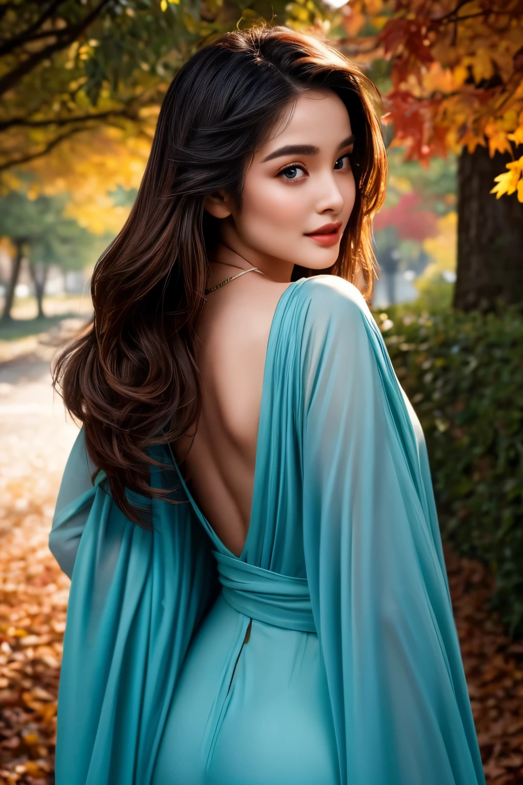 A breathtakingly photorealistic portrait of a 23-year-old slim woman with fair skin, very detailed and sharp facial features and expressions, very detailed and shinning glossy eyes, detailed full glossy lips, detailed white teeth, detailed sharp nose, dressed in a beautiful fashionable dress that elegantly exposes only her shoulders and scapula, standing in an autumnal landscape at twilight. Her enraptured gaze is sharply focused on something beyond the camera's view, captivating the viewer with her beautiful blue eyes that radiate a soft yet powerful eros. The cinematic light casts a warm glow over her, reminiscent of a professional grow light effect, highlighting her flawless, highly detailed skin and facial features. Autumn leaves in a spectrum of fiery hues dance around her, adding a playful and dynamic element to the serene scene. The dress fabric flows gently with the evening breeze, revealing a tantalizing glimpse of her voluptuous form. Her limbs are rendered with ultra-detail, showcasing the artist's mastery of anatomy and the way the fabric clings to her body. The background is a stunning 8K resolution, painting a picture of an autumnal landscape in the evening with a perfect dynamic composition that draws the eye back to the focal point of the portrait. The overall effect is that of a cinematic masterpiece, with the leaves fluttering around her creating a mesmerizing backdrop that complements the calm pose she holds. The sharp focus on her back emphasizes the intricate detail of the scene, while the subtle sexy undertones of the image are accentuated by the kimono's design and her alluring presence. The entire scene exudes an atmosphere of tranquility and beauty, leaving the observer spellbound by the too-cute yet seductive charm of the woman and the enchanting autumnal setting.