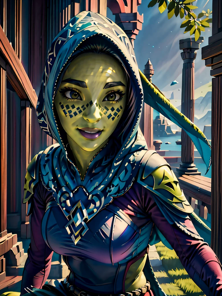 (best quality, masterpiece, beautiful and aesthetic:1.2, colorful, dynamic angle, highest detailed face)1girl,barissoffee, hood up, (green skin:1.4), facial tattoo,upper body portrait, looking at viewer, smiling(high contrast, official art, extreme detailed, highest detailed)